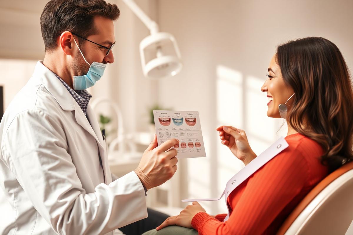 Zahnarzt erklärt einer Patientin Behandlungsmöglichkeiten anhand einer Farbskala