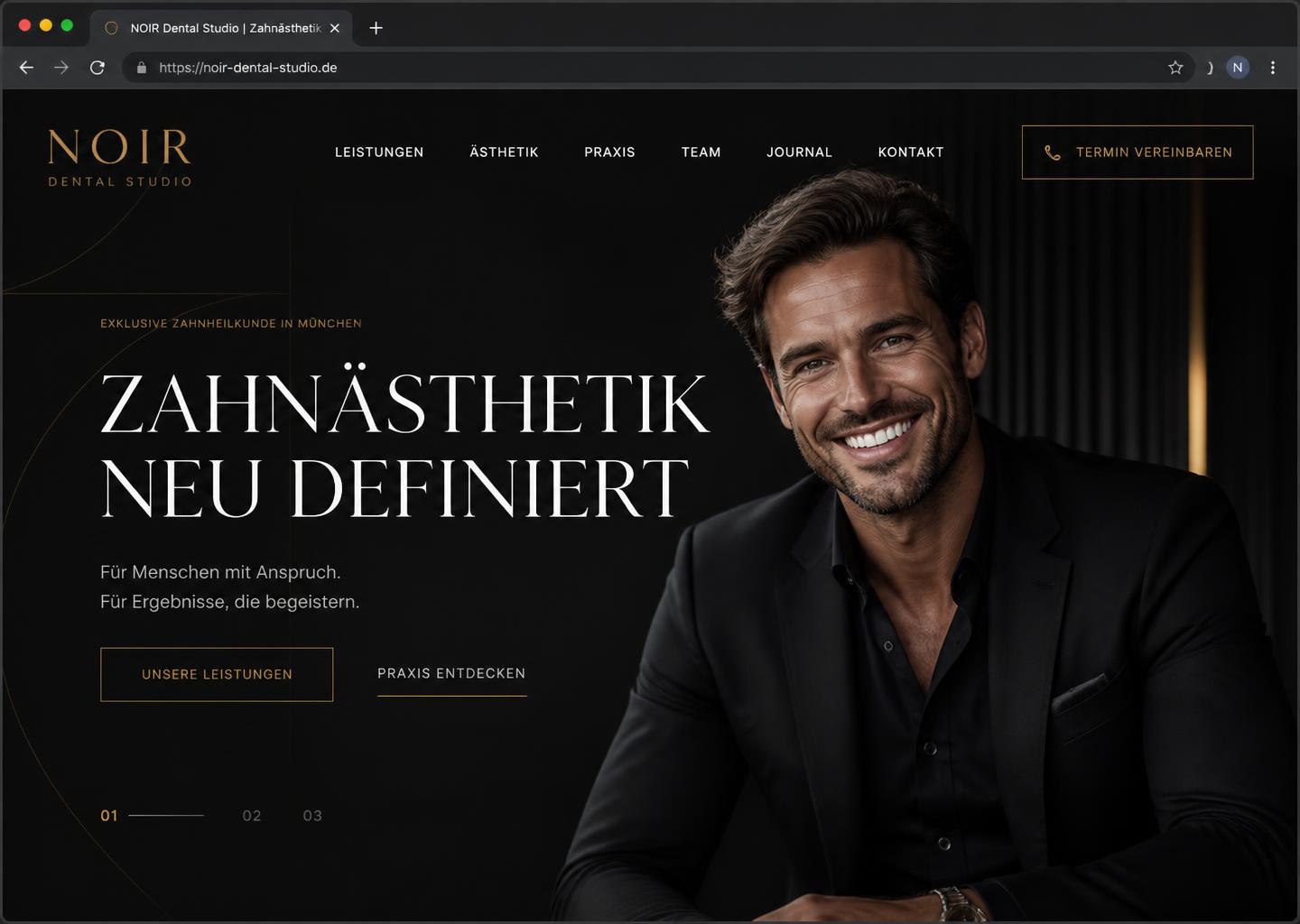 Desktop-Konzept einer markanten, dunklen Praxiswebsite