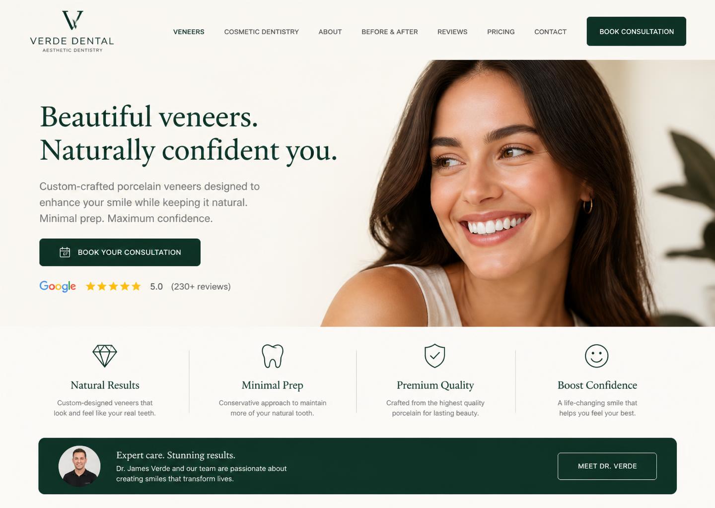 Desktop-Konzept einer ruhigen Praxiswebsite für Veneers